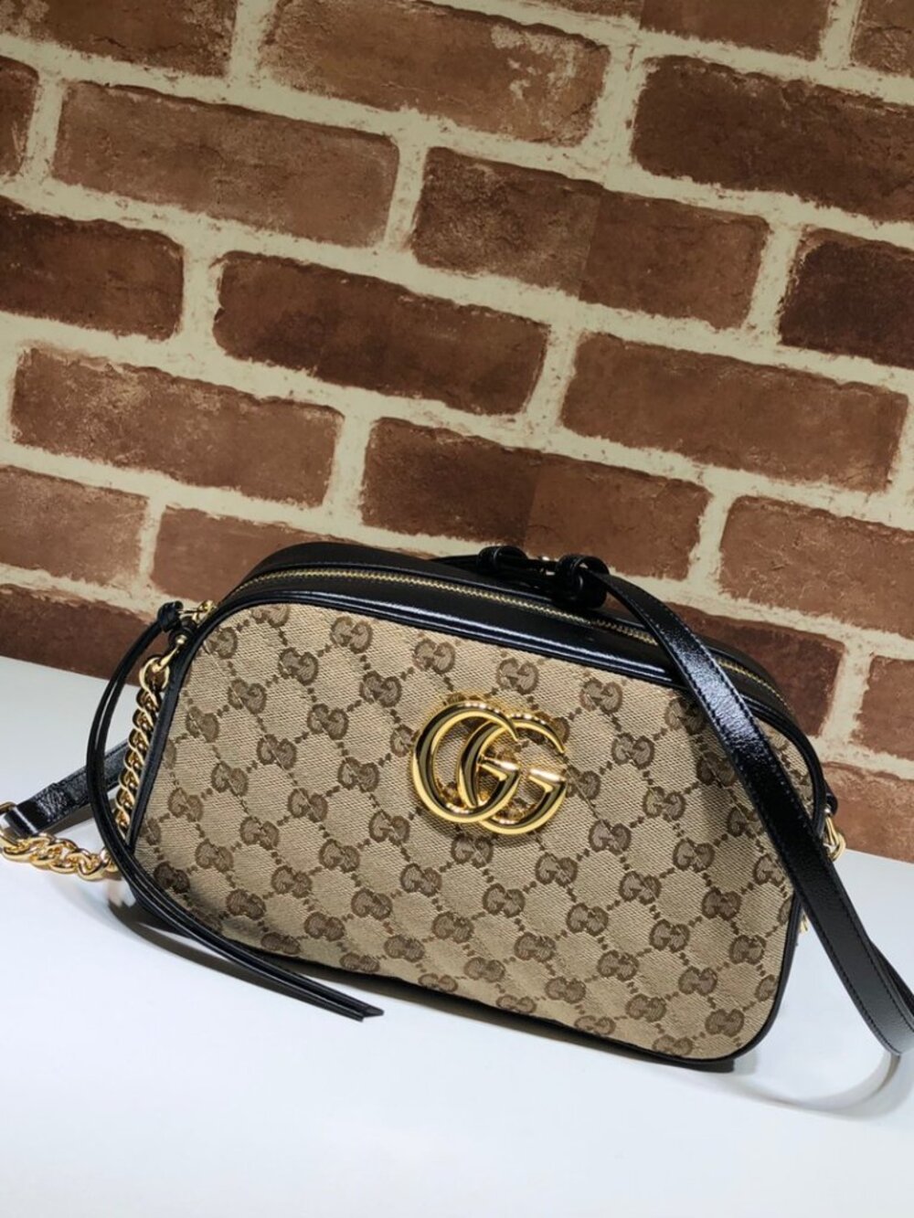 GUCCI Monogram Matelasse Diagonal Small GG Marmont Chain Shoulder Bag